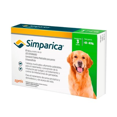ANTIPULGAS PERRO SIMPARICA 80 MG TABLETA 20 40KG 3