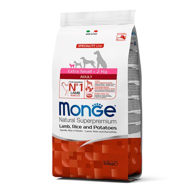 COMIDA SECA PERROS ADULTOS MONGE SABOR CORDERO ARROZ BOLSA EXTRA SMALL 2.5KG