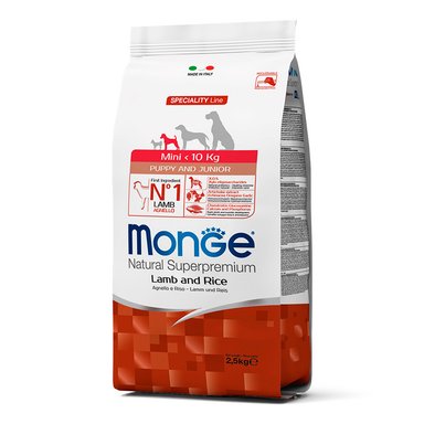 COMIDA SECA PERROS MONGE SABOR CORDERO Y ARROZ BOLSA PUPPY AND JUNIOR MINI 2.5KG