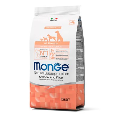 COMIDA SECA PERROS MONGE TODAS LAS RAZAS SABOR SALMÓN BOLSA PUPPY AND JUNIOR 2.5KG