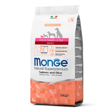 COMIDA SECA PERROS ADULTOS MONGE SABOR SALMÓN Y ARROZ BOLSA EXTRA SMALL 2.5KG