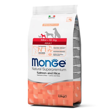 COMIDA SECA PERROS ADULTOS MONGE SABOR SALMÓN Y ARROZ BOLSA MINI 2.5KG