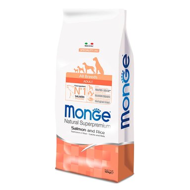 COMIDA SECA PERROS ADULTOS MONGE SABOR SALMÓN Y ARROZ BOLSA 12KG