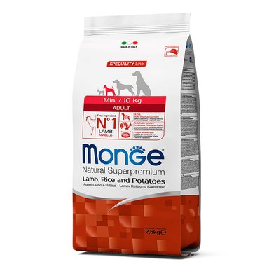 COMIDA SECA PERROS ADULTOS MONGE SABOR CORDERO, ARROZ Y PAPA BOLSA MINI 2.5KG
