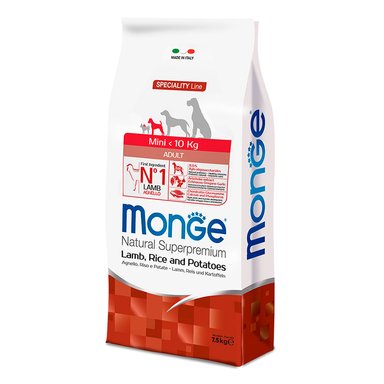 COMIDA SECA PERROS ADULTOS MONGE SABOR CORDERO, ARROZ Y PAPA BOLSA MINI 7.5KG