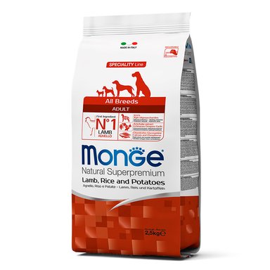 COMIDA SECA PERROS ADULTOS MONGE SABOR CORDERO, ARROZ Y PAPA BOLSA 2.5KG