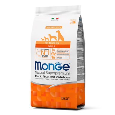 COMIDA SECA PERROS ADULTOS MONGE SABOR PATO, ARROZ Y PAPA BOLSA 2.5KG
