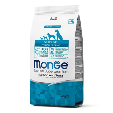 COMIDA SECA PERROS ADULTOS MONGE SABOR SALMÓN Y ATÚN BOLSA HIPOALERGÉNICO 2.5KG