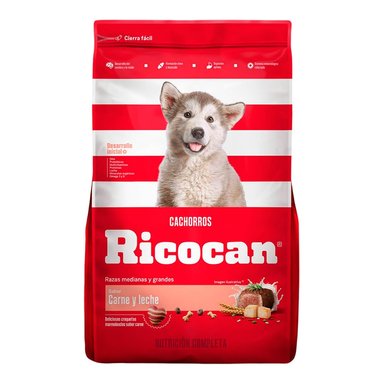 COMIDA SECA PERROS CACHORROS RICOCAN RAZA MEDIANA Y GRANDE SABOR CARNE Y LECHE BOLSA 22KG
