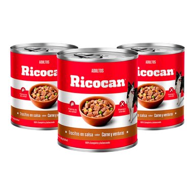 COMIDA HÚMEDA PERROS ADULTOS RICOCAN SABOR CARNE Y VERDURAS LATA TROCITOS 280G X3
