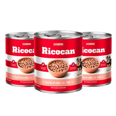 COMIDA HÚMEDA PERROS CACHORROS RICOCAN SABOR POLLO LATA PATÉ TROCITOS 280G X3