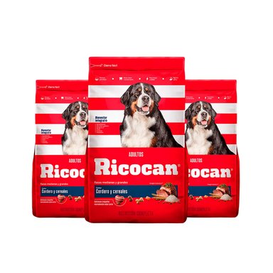 COMIDA SECA PERROS ADULTOS RICOCAN RAZA MEDIANA Y GRANDE SABOR CORDERO BOLSA 1KG 3UN