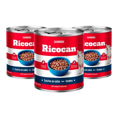 COMIDA HÚMEDA PERROS CACHORROS RICOCAN SABOR CORDERO LATA PATÉ TROCITOS 280G X3