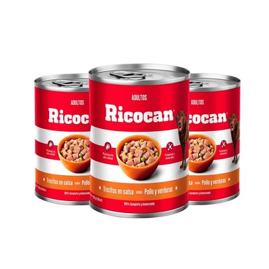 COMIDA HÚMEDA PERROS ADULTOS RICOCAN SABOR POLLO Y VERDURAS LATA TROCITOS 280G X3