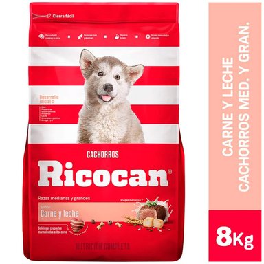 COMIDA SECA PERROS CACHORROS RICOCAN RAZA MEDIANA Y GRANDE SABOR CARNE Y LECHE BOLSA 8KG