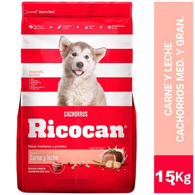 COMIDA SECA PERROS CACHORROS RICOCAN RAZA MEDIANA Y GRANDE SABOR CARNE Y LECHE BOLSA 15KG
