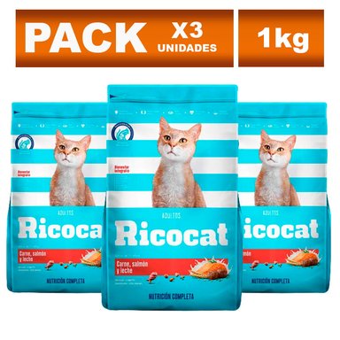 COMIDA SECA GATOS ADULTOS RICOCAT SABOR CARNE, SALMÓN BOLSA 1KG X3