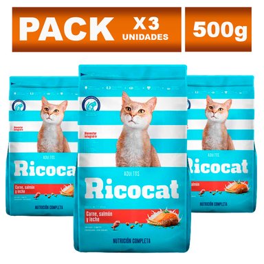 COMIDA SECA GATOS ADULTOS RICOCAT SABOR CARNE Y SALMÓN BOLSA 500G X3