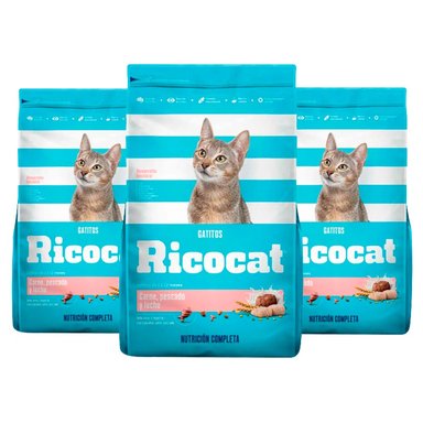 COMIDA SECA GATITOS RICOCAT SABOR CARNE, PESCADO Y LECHE BOLSA 500G X3