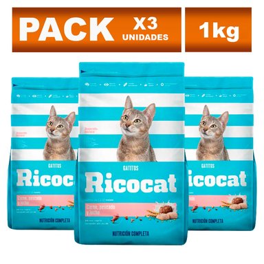 COMIDA SECA GATITOS RICOCAT SABOR CARNE PESCADO Y LECHE BOLSA 1KG X3