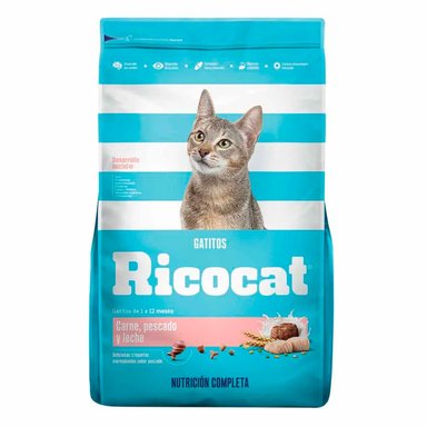 COMIDA SECA GATITOS RICOCAT SABOR CARNE, PESCADO Y LECHE BOLSA 9KG