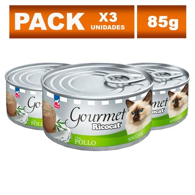 COMIDA SECA GATOS ADULTOS RICOCAT SABOR POLLO BOLSA GOURMET PATÉ DE 85G X3