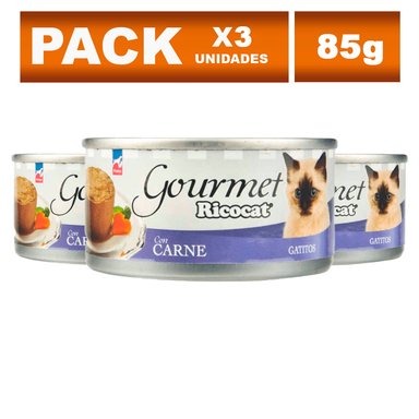 COMIDA SECA GATOS ADULTOS RICOCAT SABOR CARNE BOLSA GOURMET PATÉ DE 85G X3