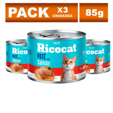 COMIDA SECA GATOS ADULTOS RICOCAT SABOR SALMÓN BOLSA GOURMET PATÉ DE 85G X3