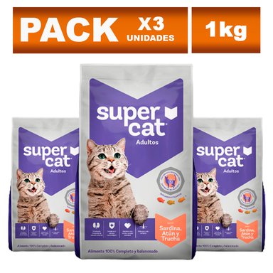 COMIDA PARA GATOS SUPERCAT ADULTO DE SARDINA Y TRUCHA 1KG X3