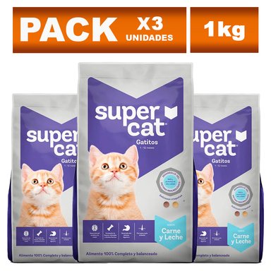 COMIDA SECA GATITOS SUPERCAT SABOR CARNE Y LECHE BOLSA 1KG X3