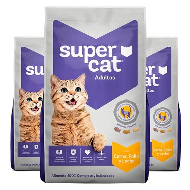 COMIDA SECA GATOS ADULTOS SUPERCAT SABOR CARNE POLLO Y LECHE BOLSA 1KG X3
