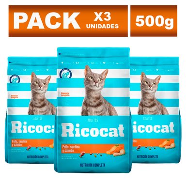 COMIDA SECA GATOS ADULTOS RICOCAT SABOR POLLO SARDINA, SALMÓN BOLSA 500G X3