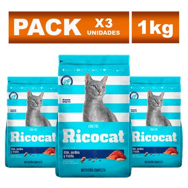 COMIDA SECA GATOS ADULTOS RICOCAT SABOR ATÚN, SARDINA BOLSA 1KG X3