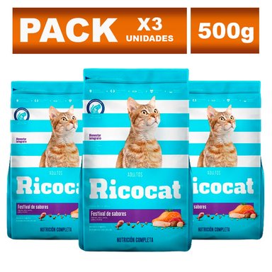 COMIDA SECA GATOS ADULTOS RICOCAT SABOR FESTIVAL DE SABORES BOLSA 500G X3