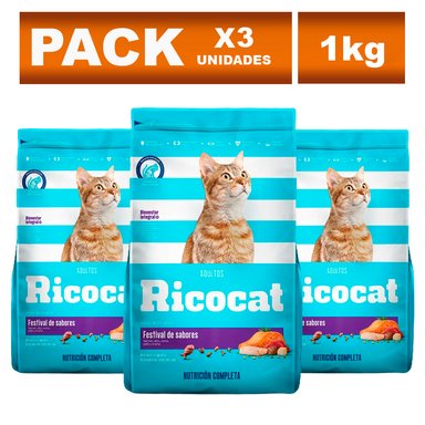 COMIDA SECA GATOS ADULTOS RICOCAT SABOR FESTIVAL DE SABORES BOLSA 1KG X3