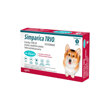 ANTIPULGAS ZOETIS SIMPARICA TRIO 24 MG BLUE (10 A 20 KG) 3 TABLETAS