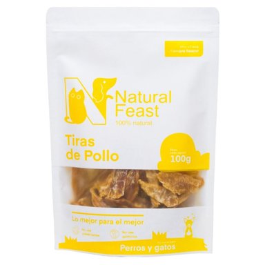 SNACK PERROS NATURAL FEAST SABOR POLLO DESHIDRATADAS BOLSA NATURAL FEAST TIRAS DE 100GR