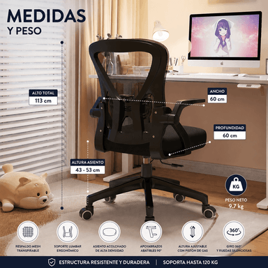 SILLA DE OFICINA ERGONÓMICA REPOSABRAZOS SOPORTE LUMBAR TRABAJO OFICINA MALLA - 4