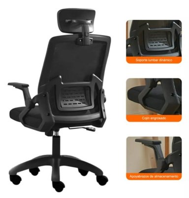SILLA ERGONÓMICA ESCRITORIO OFICINA GIRATORIOA SOPORTE LUMBAR NEGRA - 3