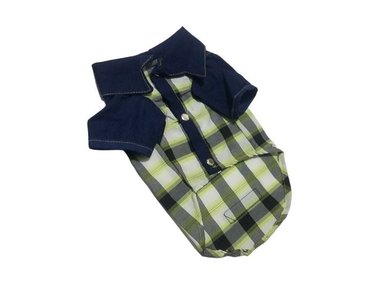 CAMISA PERRO Y GATO DISEÑO'S PET JEAN Y CUADROS TALLA 1 VERDE LIMON