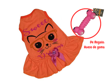 VESTIDO FRANELA PERRO Y GATO DISEÑO'S PET SWEET NARANJA TALLA 1 + REGALO