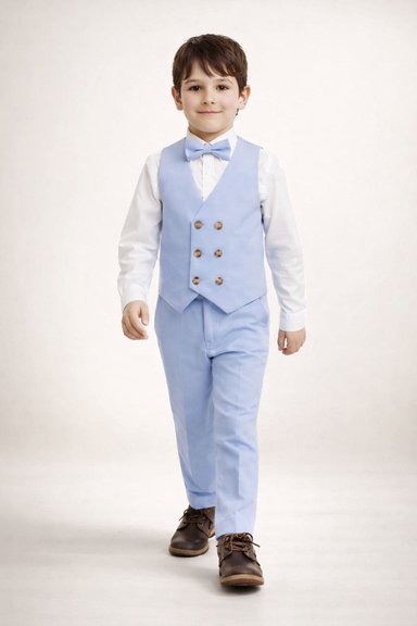CONJUNTO PANTALÓN CHALECO CORBATA CELESTE