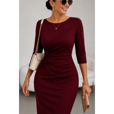 VESTIDO ELEGANTE DRAPEADO EN CINTURA  ROJO VINO - 2