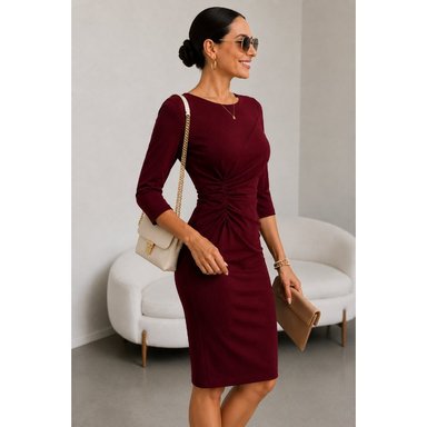 VESTIDO ELEGANTE DRAPEADO EN CINTURA  ROJO VINO - 3