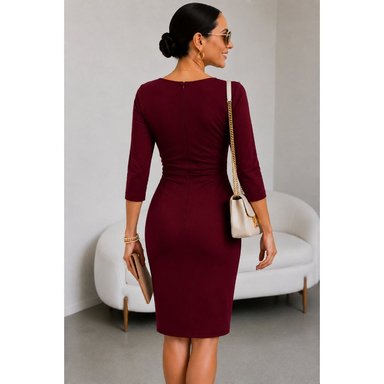 VESTIDO ELEGANTE DRAPEADO EN CINTURA  ROJO VINO - 4