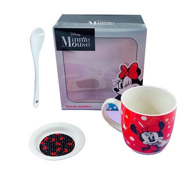 SET DE TAZA O POCILLO PLATO Y CUCHARA CON DISEÑO - MN ROJO