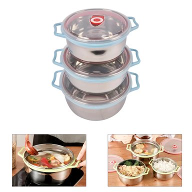 SET DE 3 CONTENEDORES O BOWLS DE ACERO CON TAPA Y ASA COLOR CELESTE