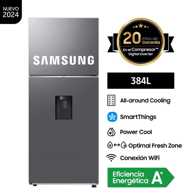 REFRIGERADORA SAMSUNG TOP MOUNT NO FROST 384LT FREEZER CON DISPENSADOR SILVER RT38DG6730S9PE
