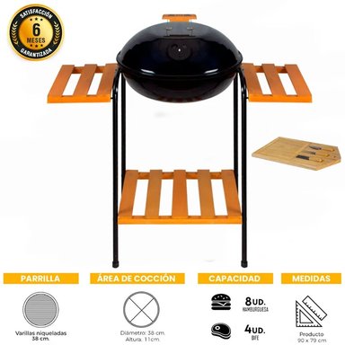 PARRILLA GRILL DE MADERA + TABLA DE QUESO CON UTENSILIOS INOXIDABLES