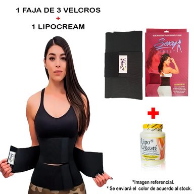 PACK FAJA MUJER SEXY SBELT NEGRO 3 VELCROS + LIPOCREAM CREMA REDUCTORA